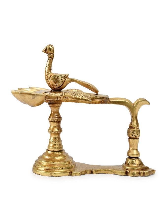 AARGKRAFT Panchmukhi Brass DiyaStand مع 5 فتائل Mayuresvara Panch Aarti Diya مع مقبض تصميم الطاووس مع 5 فتيل زيت نحاسي Aarti Hand Diya لـ Navratri وDiwali Pooja - Image 2